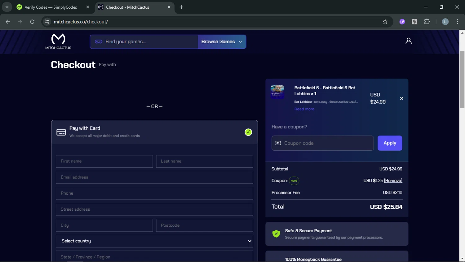 MitchCactus coupon code screenshot showing code NERD applied at MitchCactus checkout page. Uploaded by SimplyCodes community member RoyalOwl5790 on Jan 4, 2026