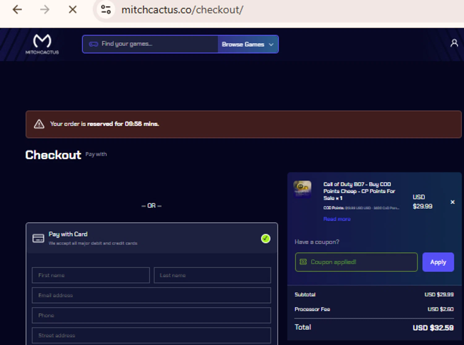 MitchCactus checkout page showing MitchCactus coupon code box | Screenshot taken by SimplyCodes community member on Feb 19, 2026