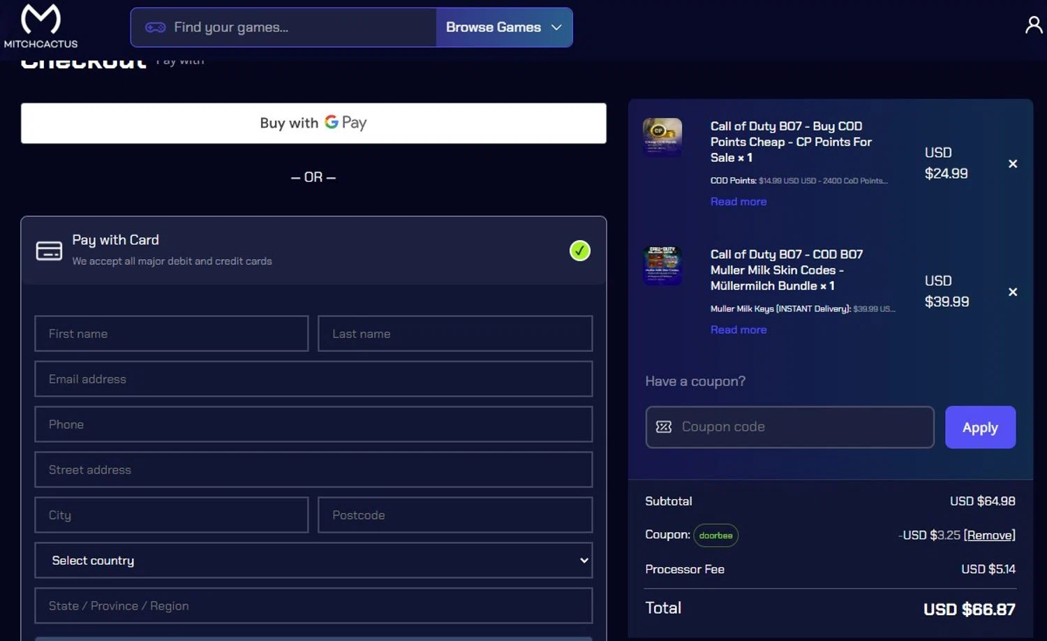MitchCactus coupon code screenshot showing code doorbee applied at MitchCactus checkout page. Uploaded by SimplyCodes community member ovomaltina on Dec 15, 2025
