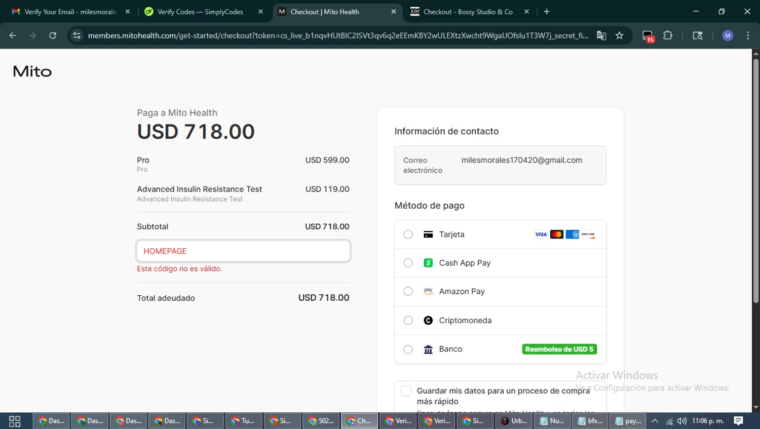 Mito Health promo code screenshot showing code homepage applied at Mito Health checkout page. Uploaded by SimplyCodes community member PrimeFox5260 on Nov 3, 2025