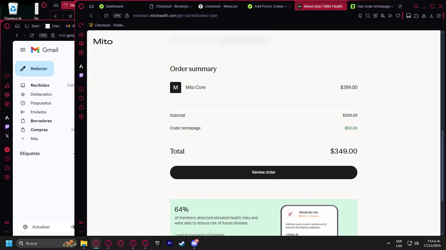 Mito Health promo code screenshot showing code homepage applied at Mito Health checkout page. Uploaded by SimplyCodes community member Billyyou on Dec 17, 2025