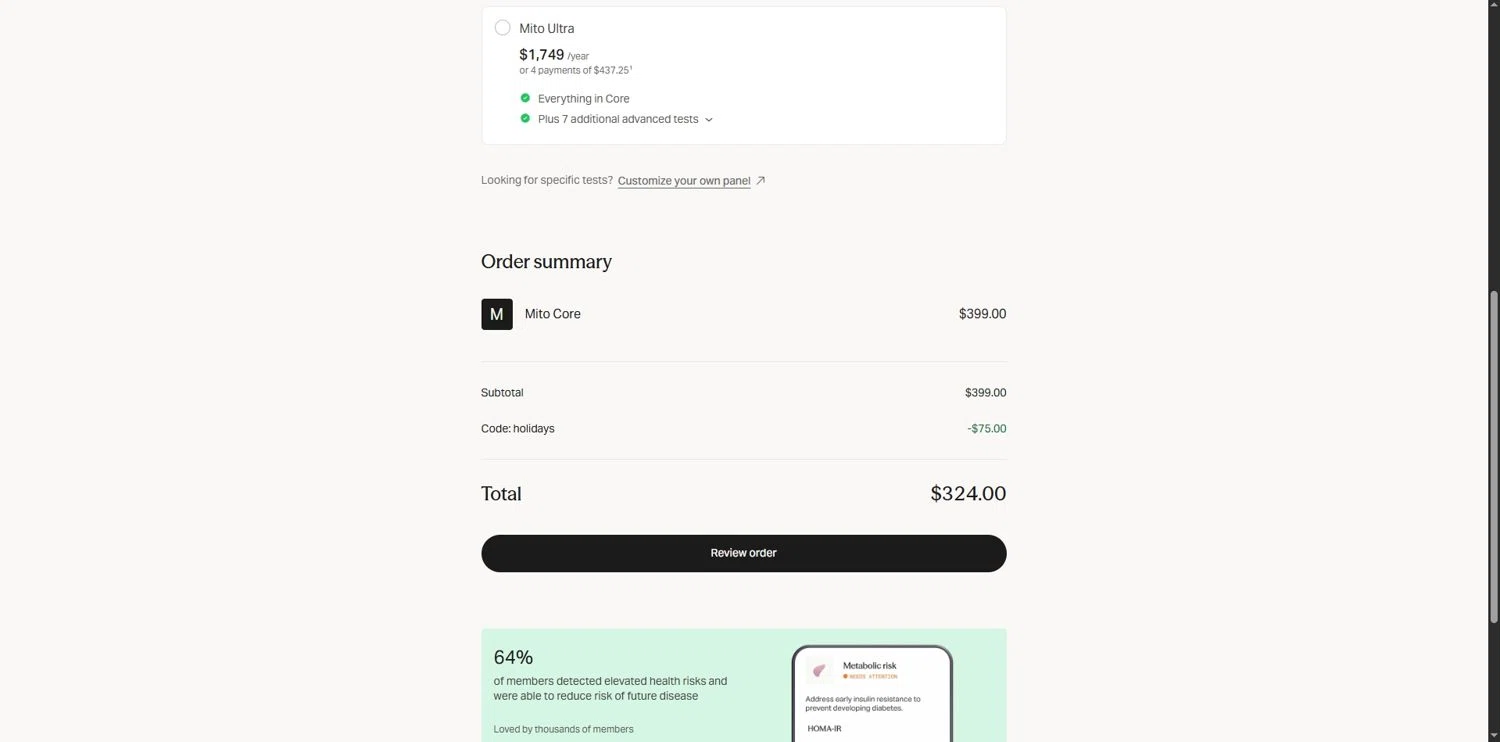 Mito Health promo code screenshot showing code HOLIDAYS applied at Mito Health checkout page. Uploaded by SimplyCodes community member Depressive on Dec 22, 2025