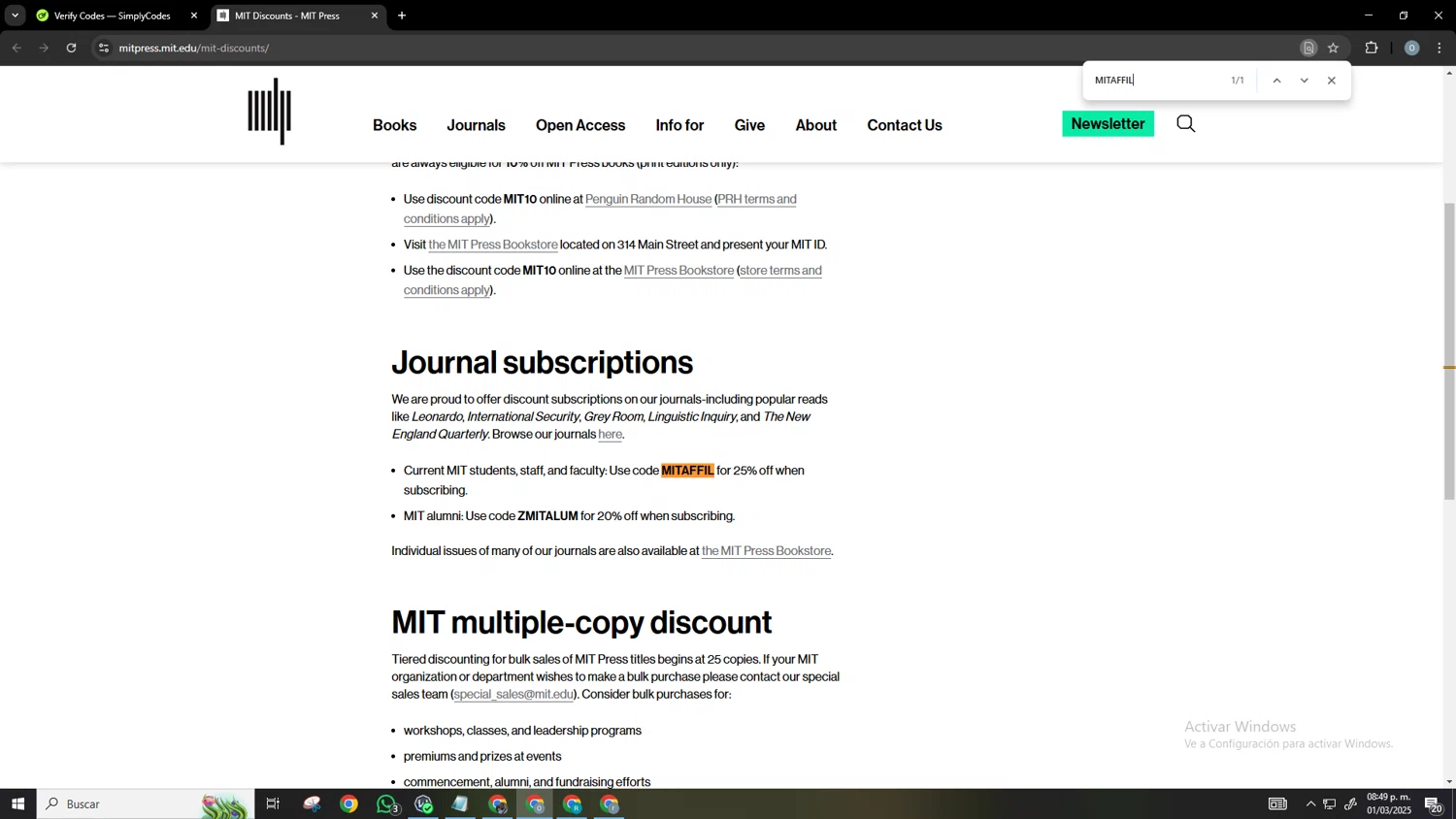 MIT Open Learning promo code screenshot showing code MITAFFIL applied at MIT Open Learning checkout page. Uploaded by SimplyCodes community member Neonvalo on Mar 2, 2025