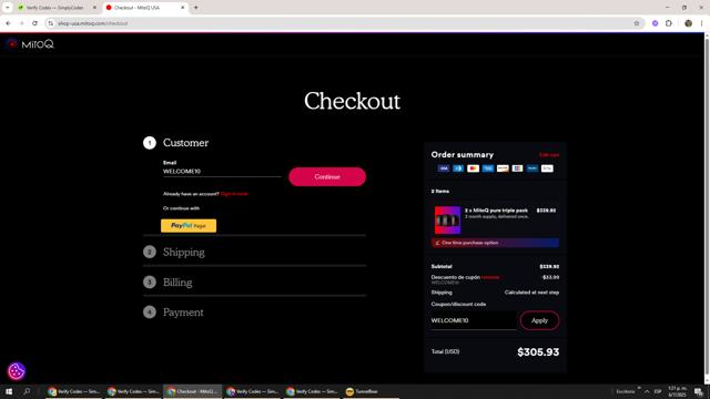 MitoQ checkout page showing MitoQ promo code box | Screenshot taken by SimplyCodes community member on Jul 6, 2025
