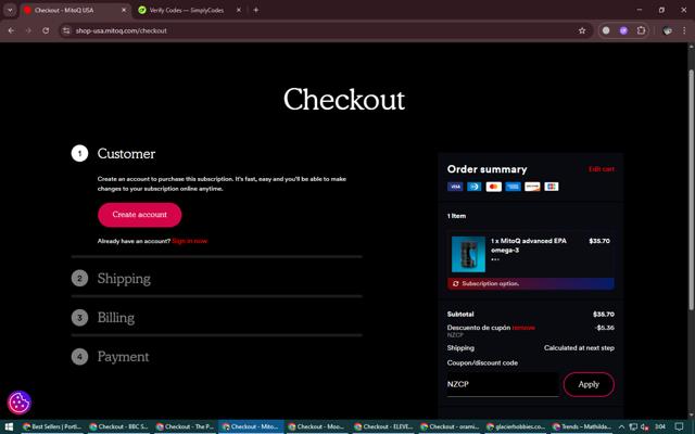 MitoQ checkout page showing MitoQ promo code box | Screenshot taken by SimplyCodes community member on Aug 8, 2025