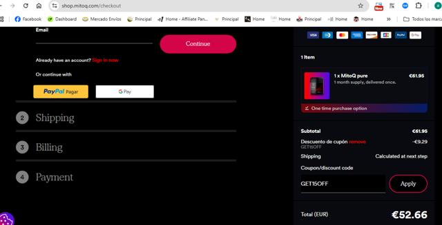 MitoQ checkout page showing MitoQ promo code box | Screenshot taken by SimplyCodes community member on Jul 6, 2025