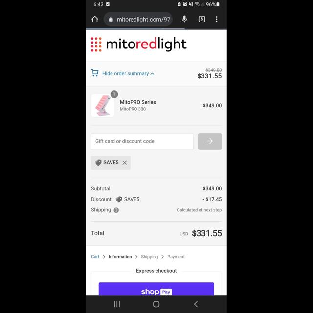 Mito Red Light checkout page showing Mito Red Light discount code box | Screenshot taken by SimplyCodes community member on Sep 10, 2023