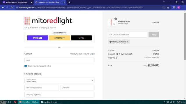 Mito Red Light checkout page showing Mito Red Light discount code box | Screenshot taken by SimplyCodes community member on Jun 28, 2023