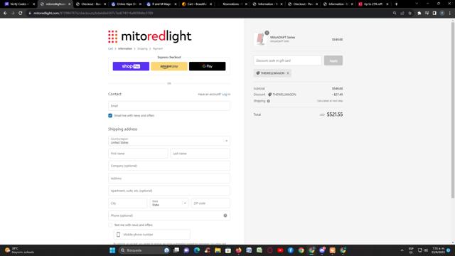 Mito Red Light checkout page showing Mito Red Light discount code box | Screenshot taken by SimplyCodes community member on Sep 23, 2023
