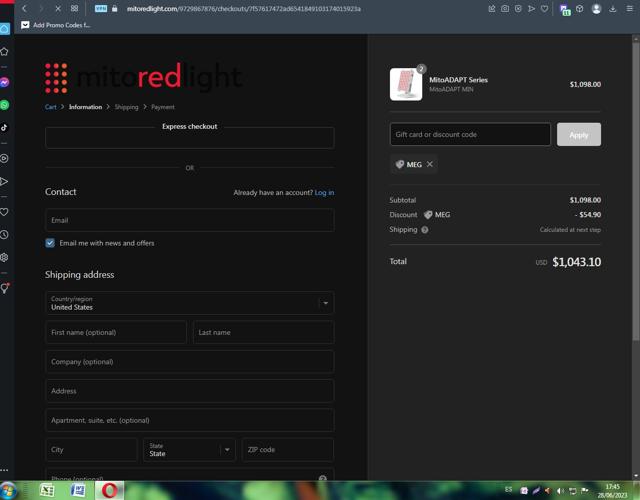 Mito Red Light checkout page showing Mito Red Light discount code box | Screenshot taken by SimplyCodes community member on Jun 28, 2023