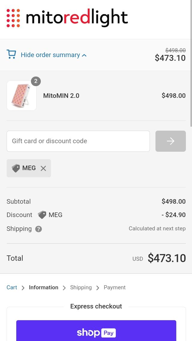 Mito Red Light checkout page showing Mito Red Light discount code box | Screenshot taken by SimplyCodes community member on Aug 26, 2023