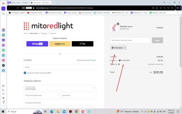 Mito Red Light checkout page showing Mito Red Light discount code box | Screenshot taken by SimplyCodes community member on Aug 1, 2023