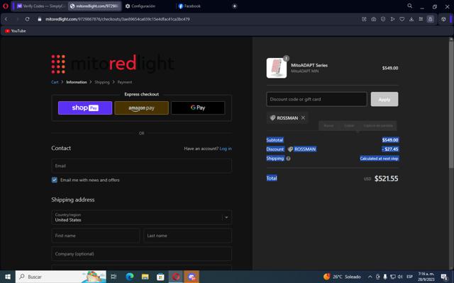 Mito Red Light checkout page showing Mito Red Light discount code box | Screenshot taken by SimplyCodes community member on Sep 28, 2023