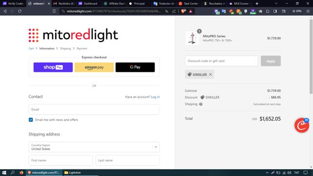 Mito Red Light checkout page showing Mito Red Light discount code box | Screenshot taken by SimplyCodes community member on Sep 23, 2023