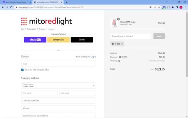 Mito Red Light checkout page showing Mito Red Light discount code box | Screenshot taken by SimplyCodes community member on Sep 26, 2023
