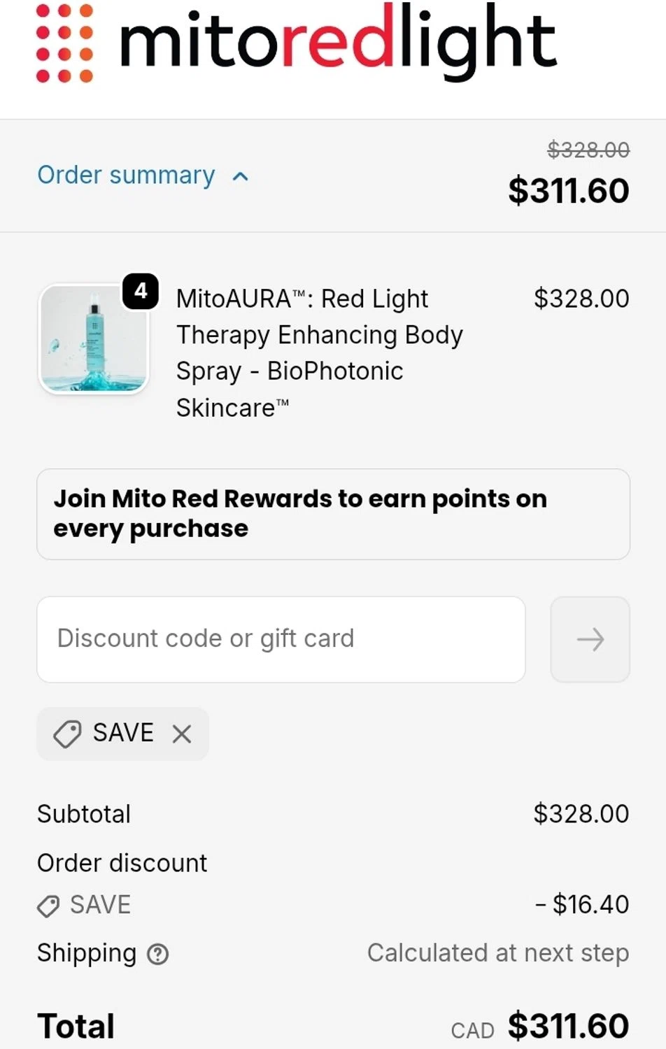 Mito Red Light promo code screenshot showing code SAVE applied at Mito Red Light checkout page. Uploaded by SimplyCodes community member ValiantCurator3344 on Feb 3, 2026