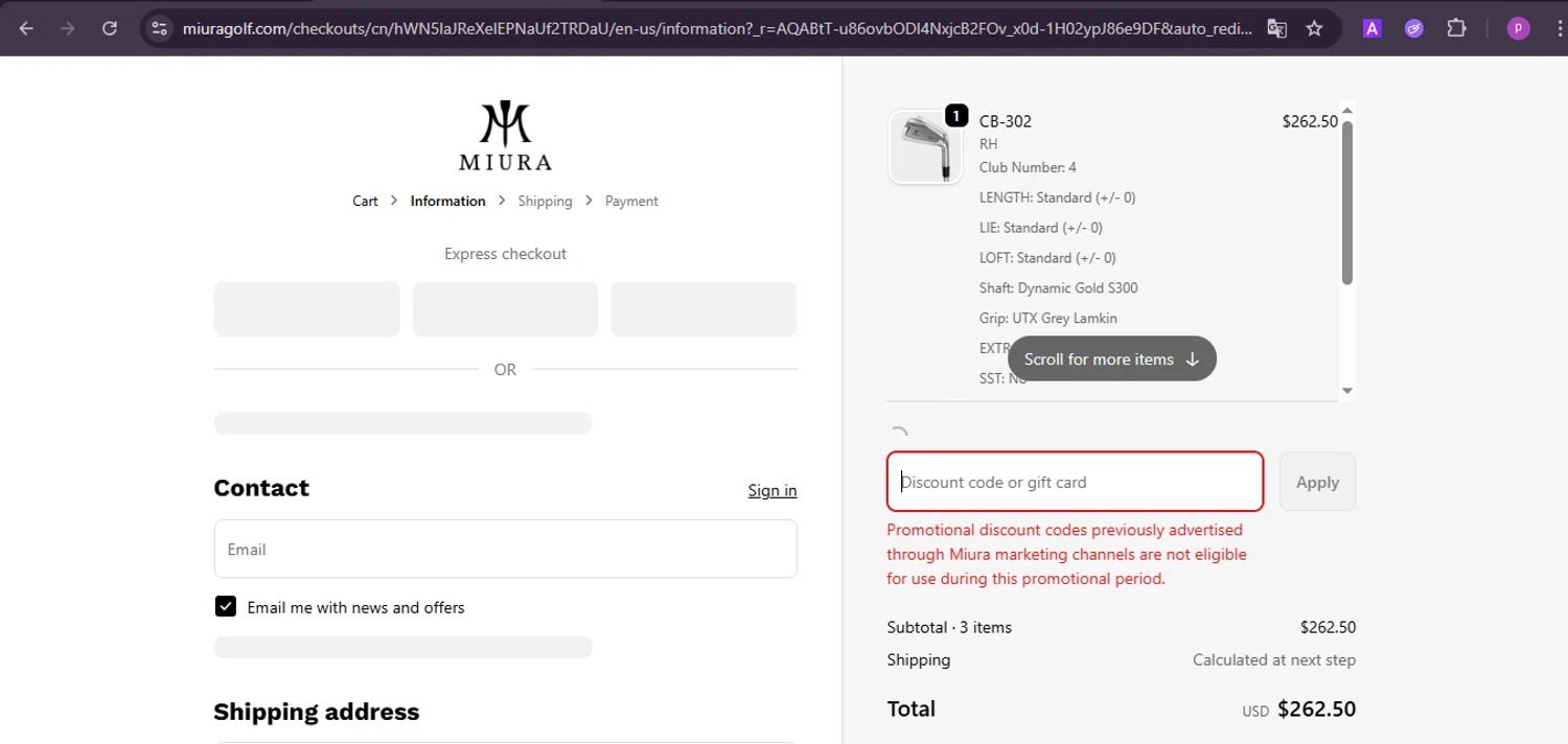 Miura Golf discount code screenshot showing code Himeji10 applied at Miura Golf checkout page. Uploaded by SimplyCodes community member firoas on Nov 27, 2025