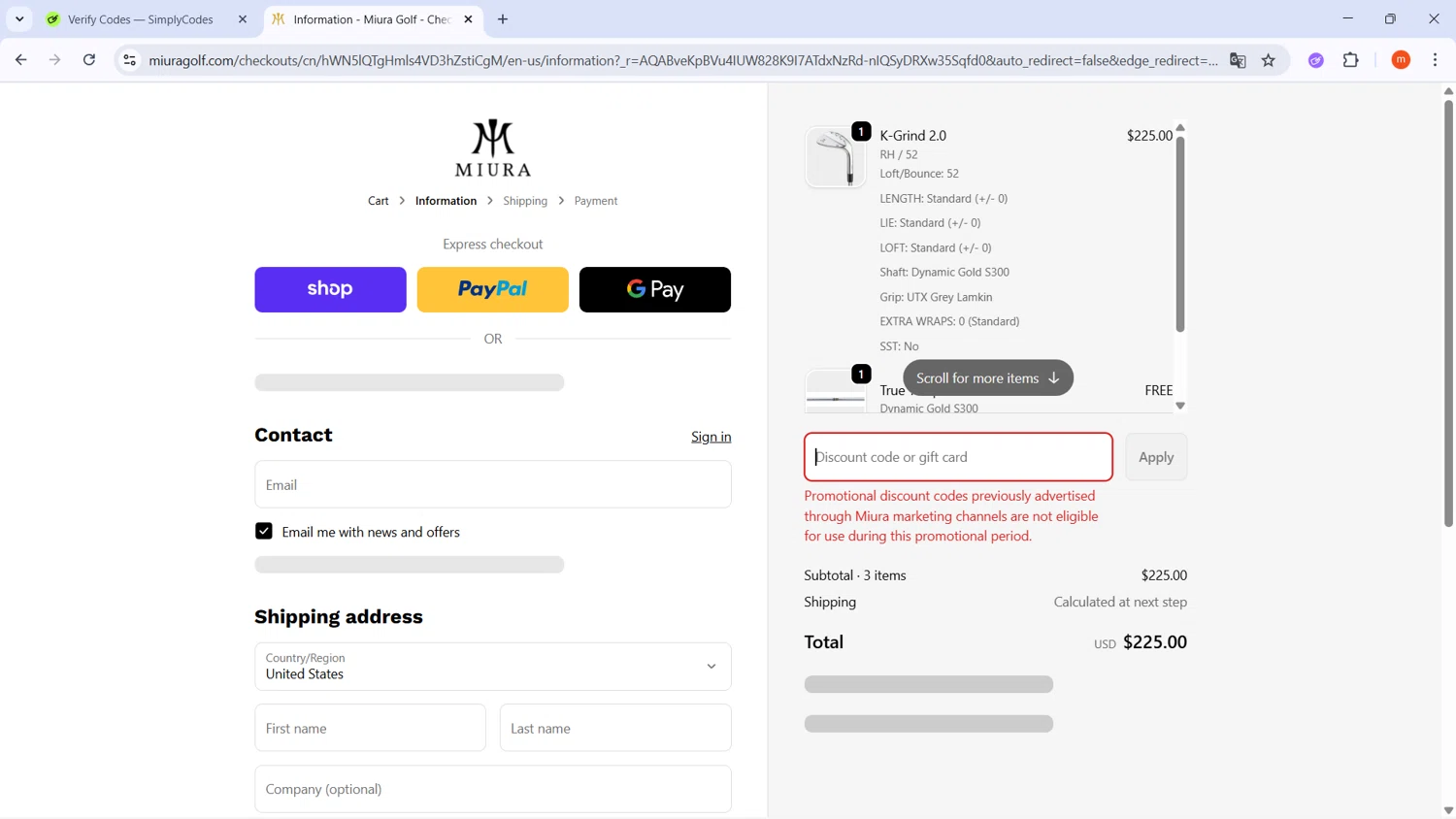 Miura Golf discount code screenshot showing code LEGACY10 applied at Miura Golf checkout page. Uploaded by SimplyCodes community member PromoMonarch895 on Nov 27, 2025