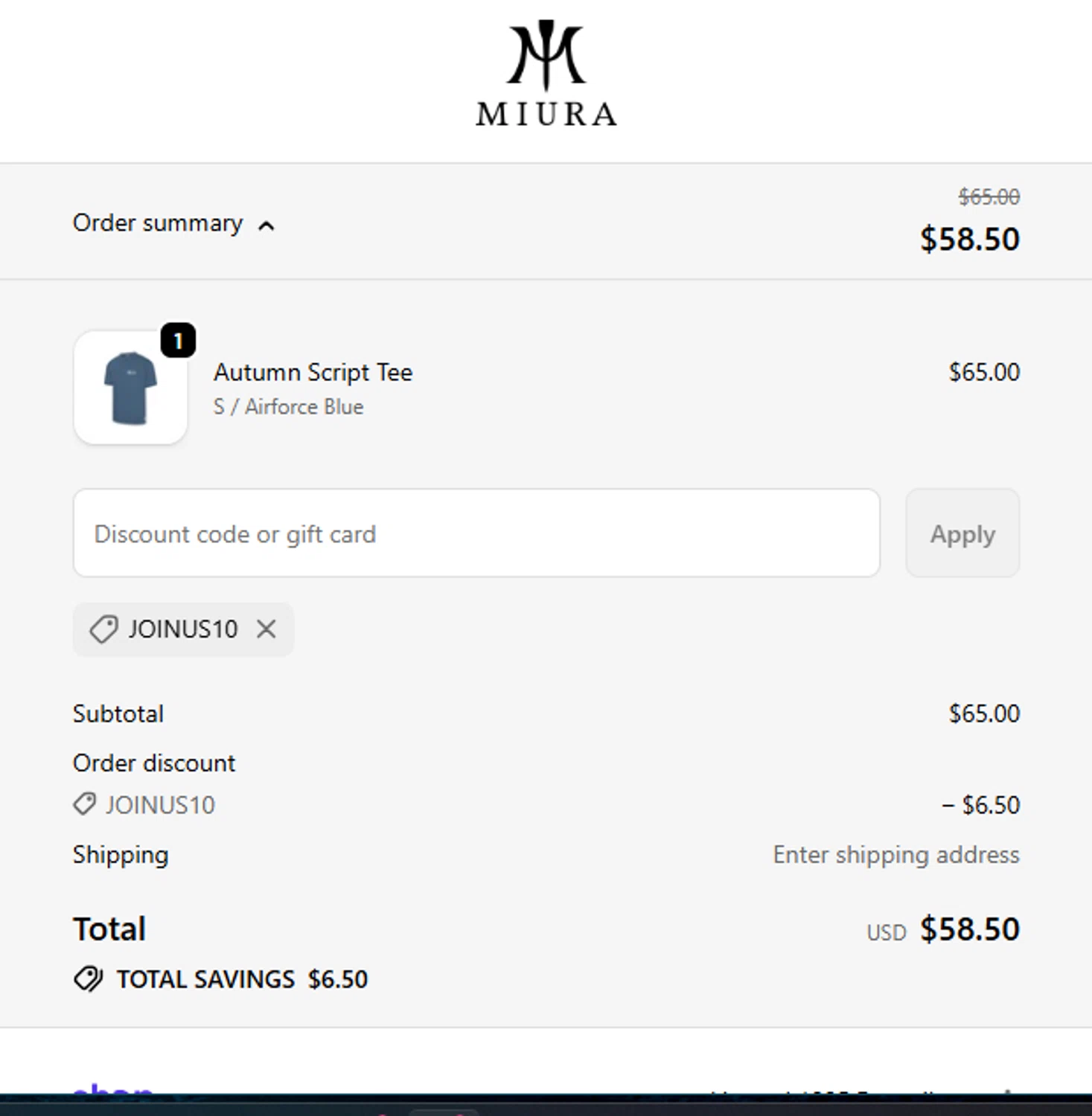 Miura Golf discount code screenshot showing code JOINUS10 applied at Miura Golf checkout page. Uploaded by SimplyCodes community member Guacamole_Picante on Nov 16, 2025