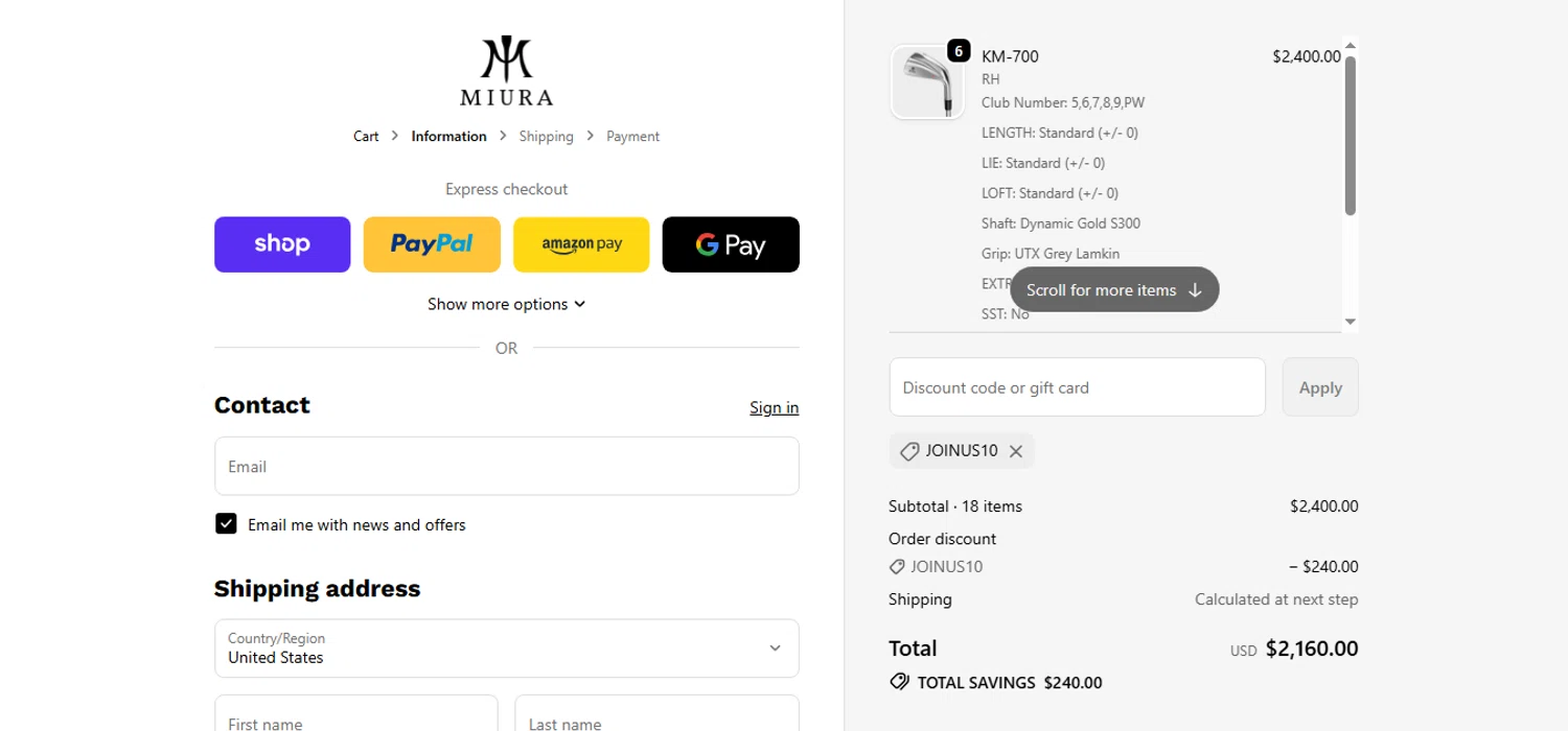 Miura Golf discount code screenshot showing code JOINUS10 applied at Miura Golf checkout page. Uploaded by SimplyCodes community member MagnificentCurator5441 on Dec 25, 2025