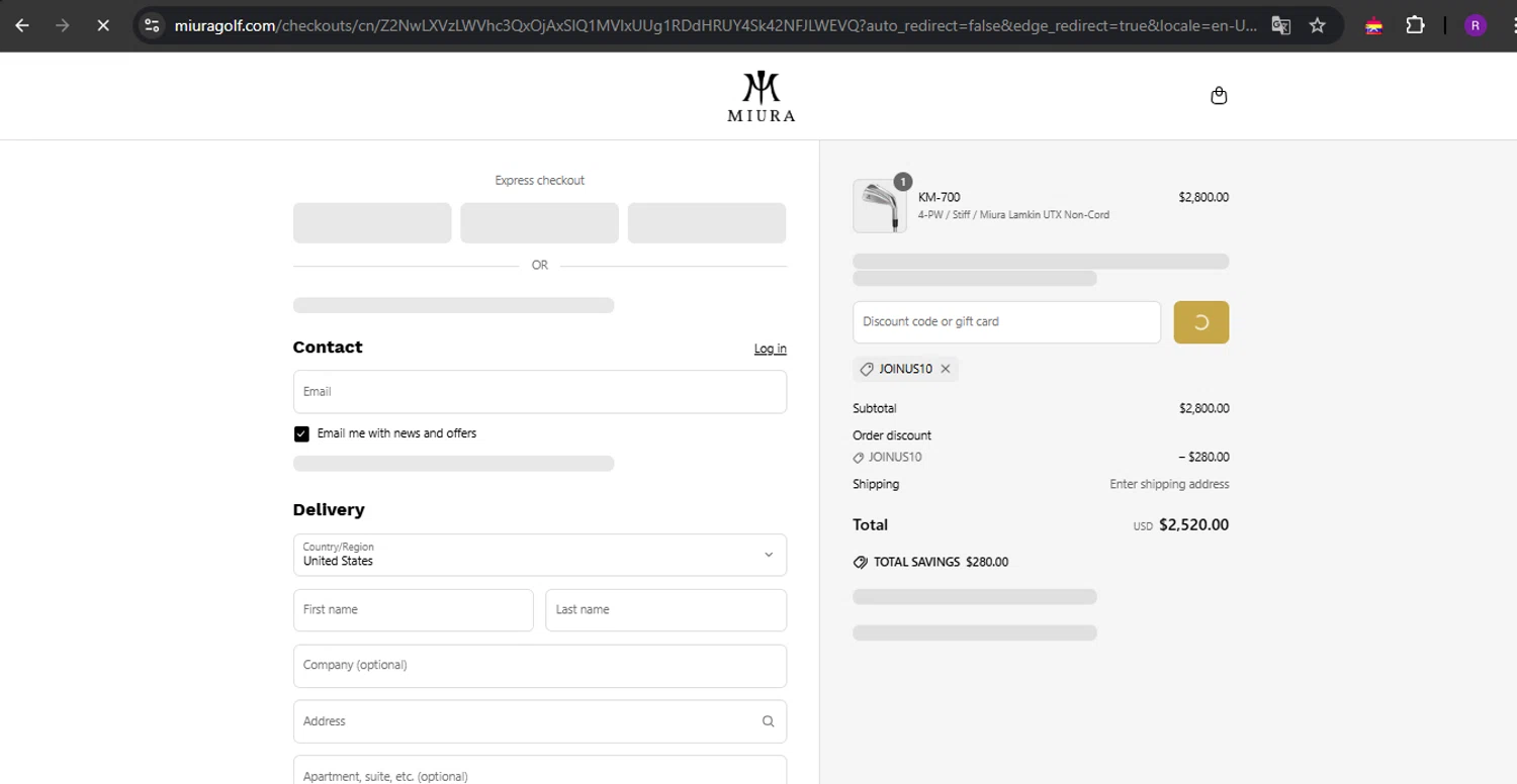 Miura Golf discount code screenshot showing code JOINUS10 applied at Miura Golf checkout page. Uploaded by SimplyCodes community member ThriftySage9319 on May 1, 2025