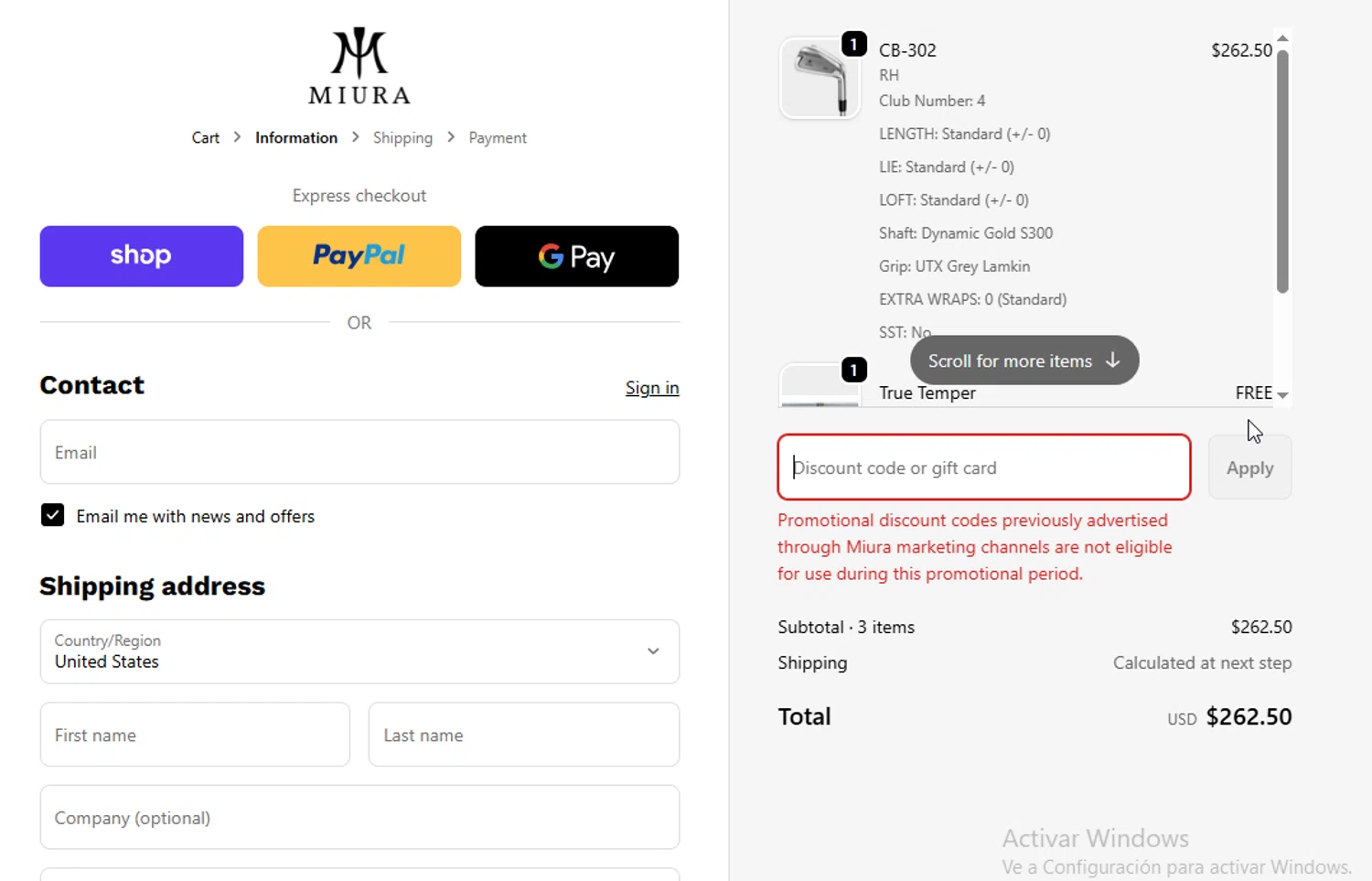 Miura Golf discount code screenshot showing code CHIRP15 applied at Miura Golf checkout page. Uploaded by SimplyCodes community member Sheele_Icon on Nov 27, 2025