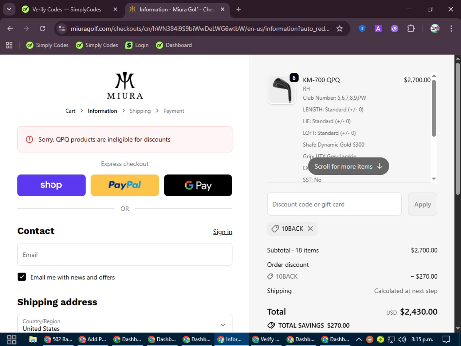 Miura Golf discount code screenshot showing code 10BACK applied at Miura Golf checkout page. Uploaded by SimplyCodes community member SilverExpert5694 on Sep 18, 2025