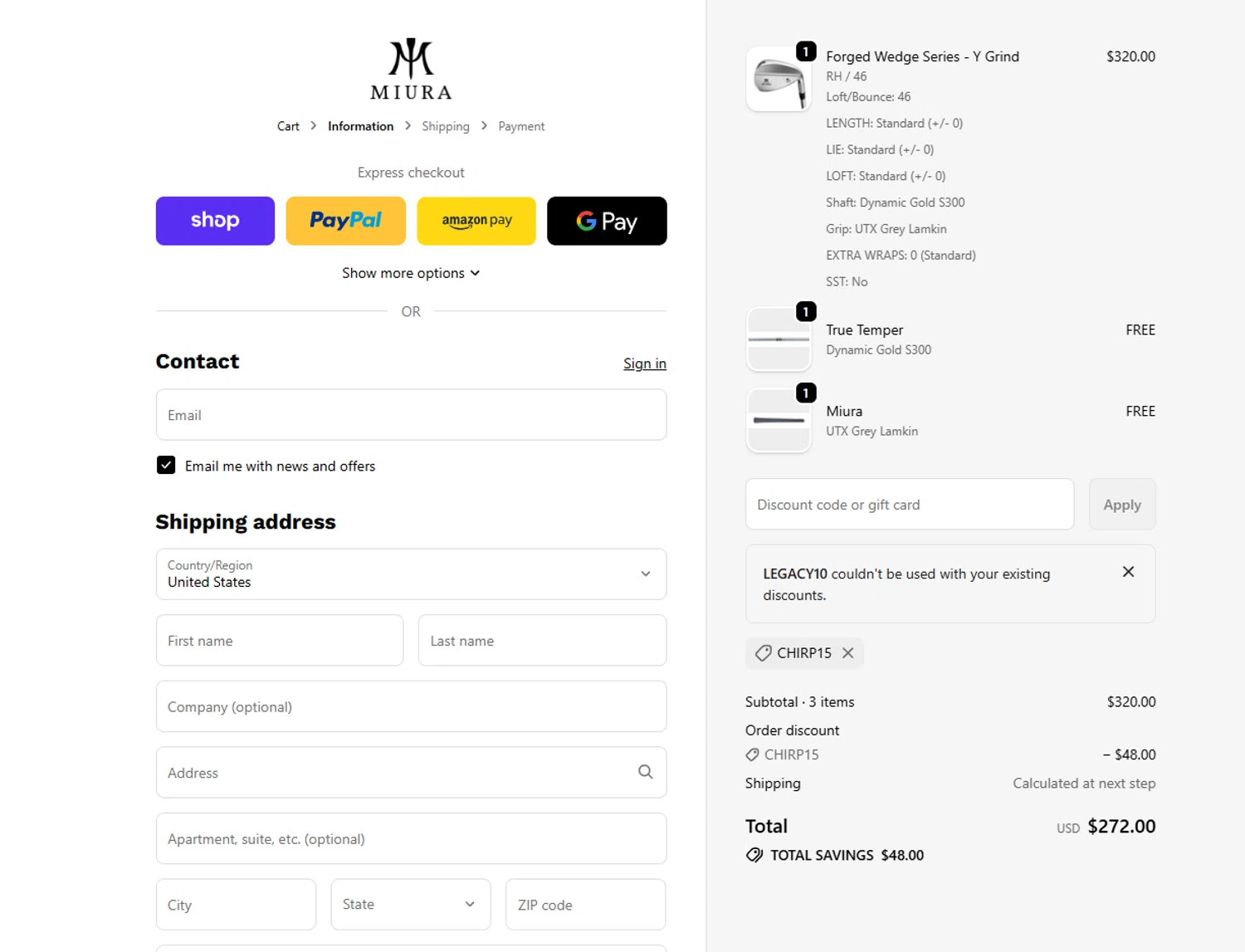 Miura Golf discount code screenshot showing code LEGACY10 applied at Miura Golf checkout page. Uploaded by SimplyCodes community member Halanweik on Jan 4, 2026