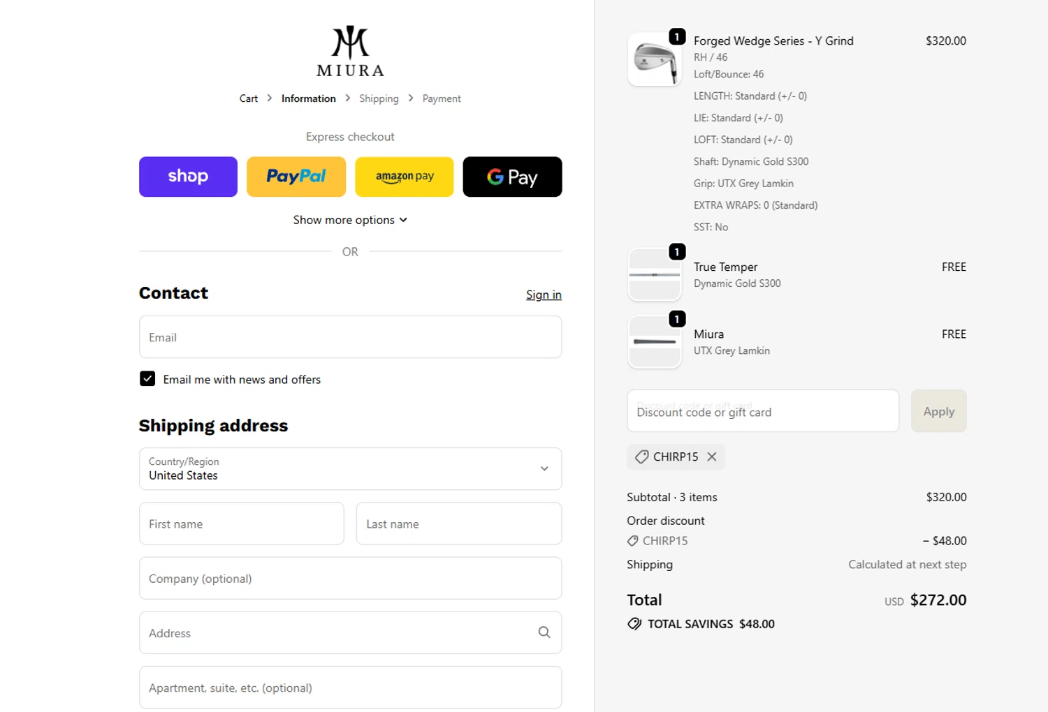 Miura Golf discount code screenshot showing code CHIRP15 applied at Miura Golf checkout page. Uploaded by SimplyCodes community member Halanweik on Jan 4, 2026