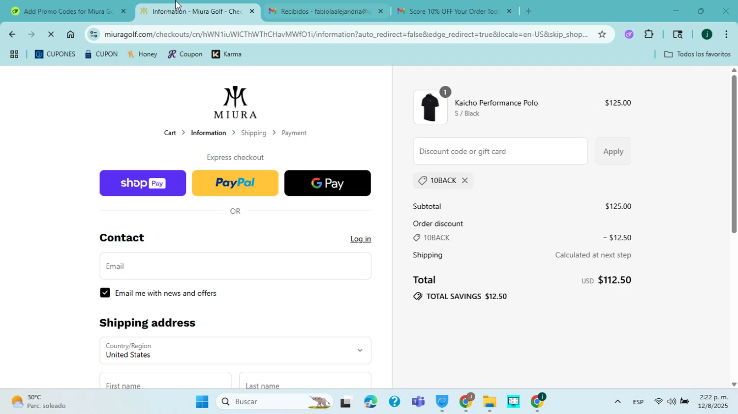 Miura Golf discount code screenshot showing code 10BACK applied at Miura Golf checkout page. Uploaded by SimplyCodes community member jorgejavierherrera on Aug 12, 2025