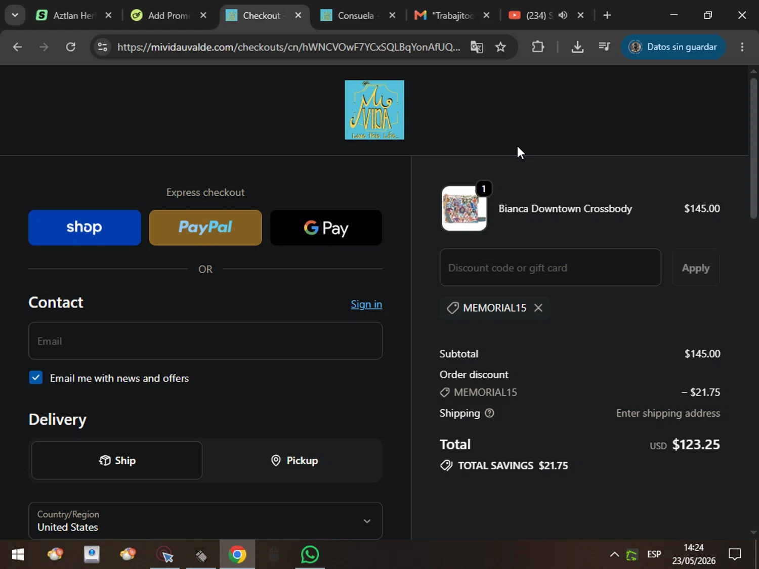 Mi Vida Uvalde promo code screenshot showing code MEMORIAL15 applied at Mi Vida Uvalde checkout page. Uploaded by SimplyCodes community member MarcosAranguren on May 23, 2026