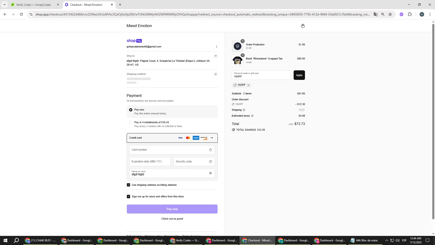 Mixed Emotion discount code screenshot showing code 15OFF applied at Mixed Emotion checkout page. Uploaded by SimplyCodes community member YAMAHA on Jul 12, 2025