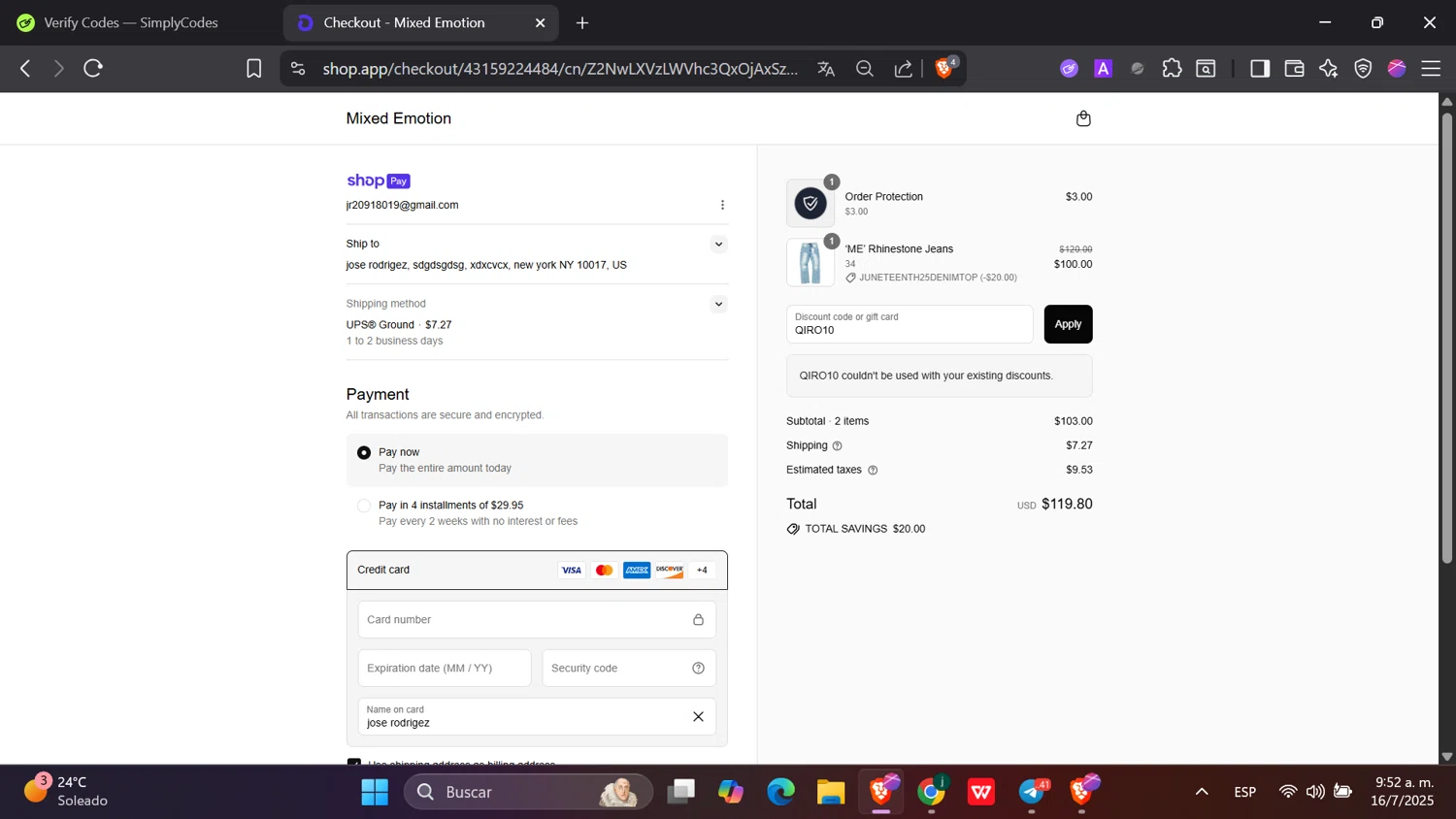 Mixed Emotion discount code screenshot showing code QIRO10 applied at Mixed Emotion checkout page. Uploaded by SimplyCodes community member hanzell2 on Jul 16, 2025