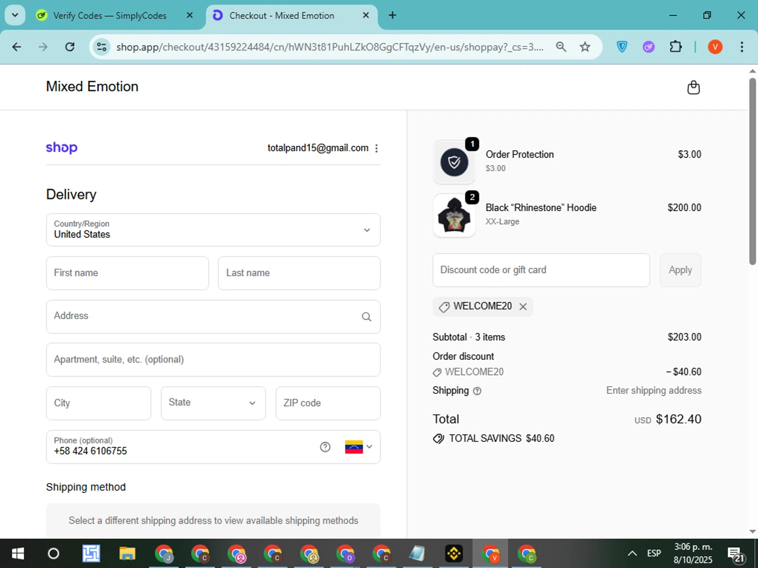 Mixed Emotion discount code screenshot showing code WELCOME20 applied at Mixed Emotion checkout page. Uploaded by SimplyCodes community member CodeMonarch8148 on Oct 8, 2025