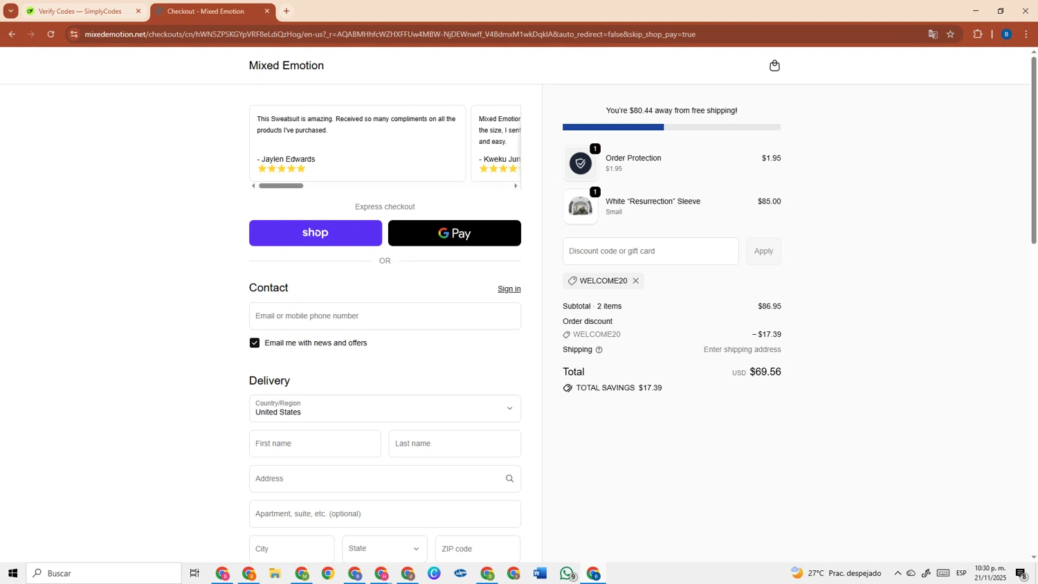 Mixed Emotion discount code screenshot showing code WELCOME20 applied at Mixed Emotion checkout page. Uploaded by SimplyCodes community member DiscountRanger3690 on Nov 22, 2025