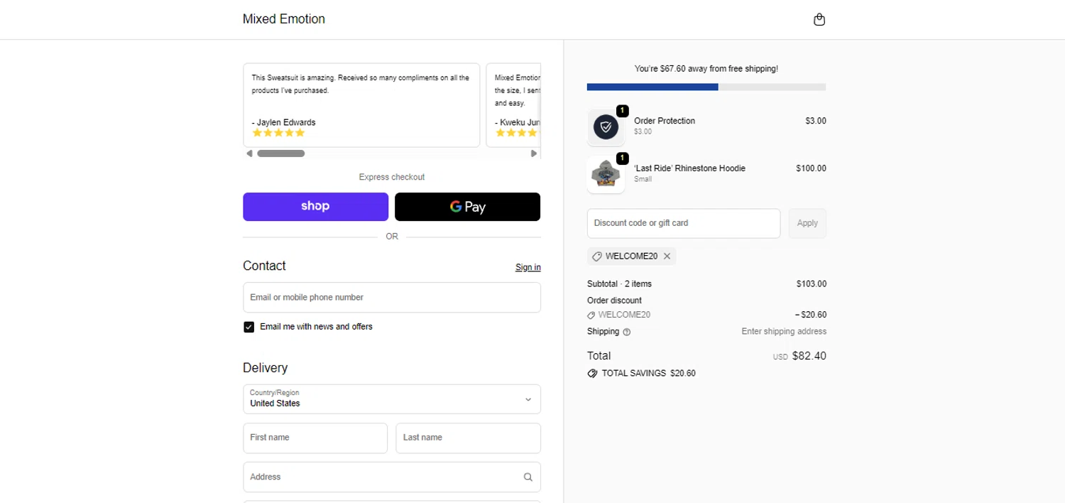Mixed Emotion discount code screenshot showing code WELCOME20 applied at Mixed Emotion checkout page. Uploaded by SimplyCodes community member Ronita_832988044 on Nov 27, 2025