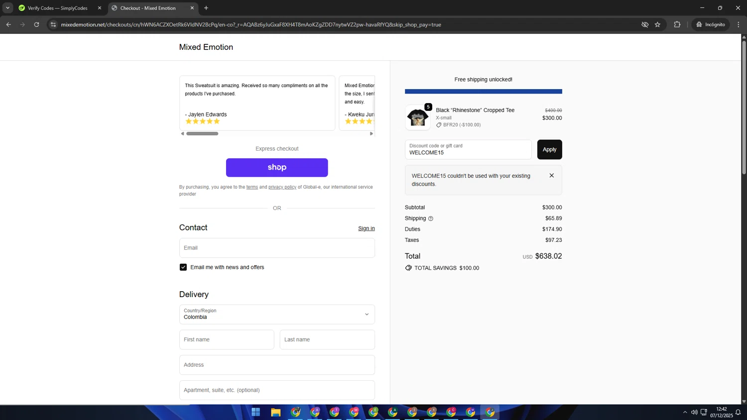Mixed Emotion discount code screenshot showing code WELCOME15 applied at Mixed Emotion checkout page. Uploaded by SimplyCodes community member AVATIGRITO on Dec 7, 2025