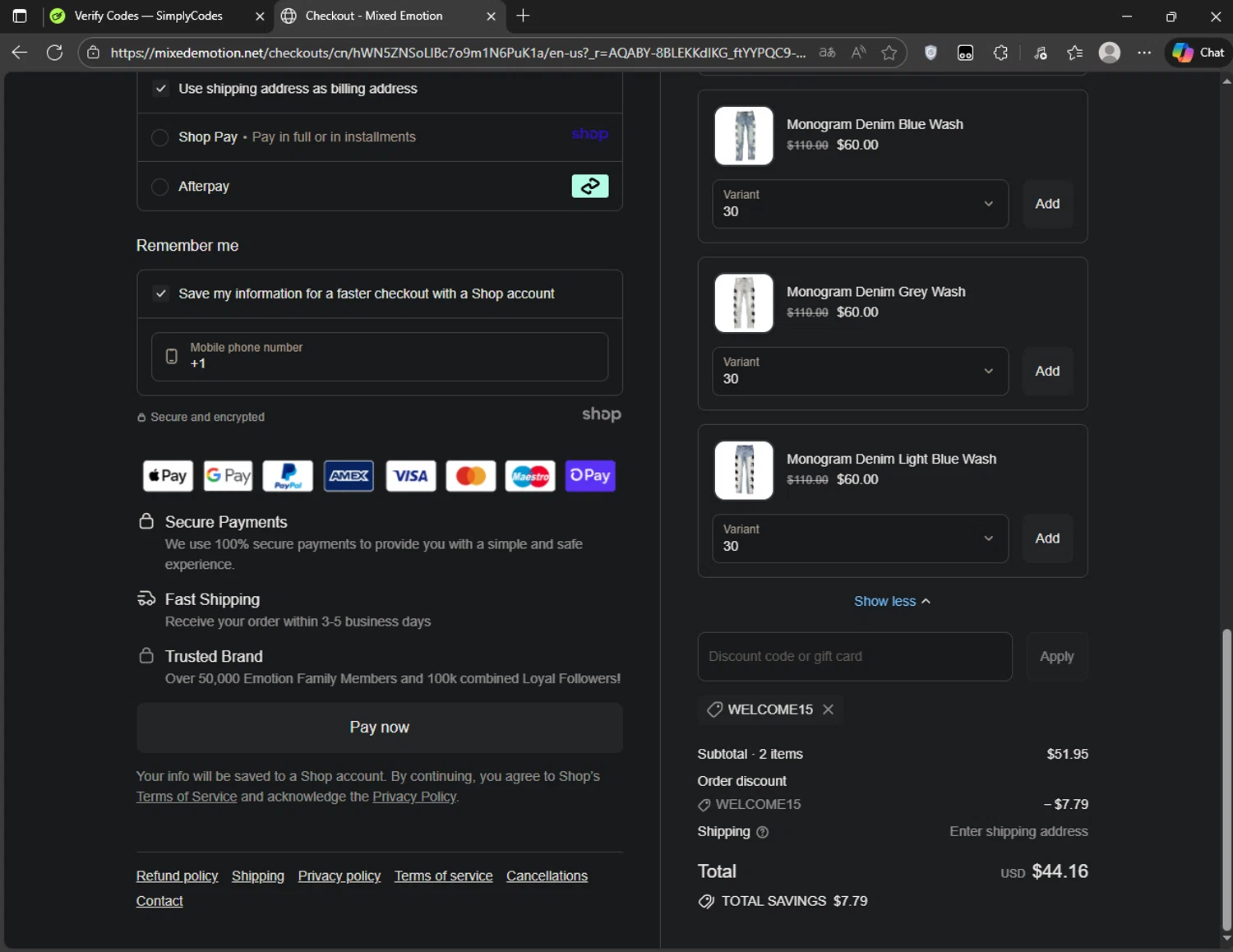 Mixed Emotion discount code screenshot showing code WELCOME15 applied at Mixed Emotion checkout page. Uploaded by SimplyCodes community member CoinRanger3407 on Nov 22, 2025