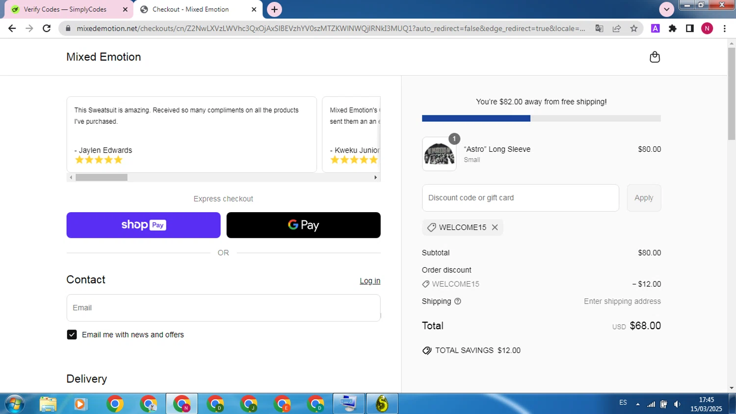 Mixed Emotion discount code screenshot showing code WELCOME15 applied at Mixed Emotion checkout page. Uploaded by SimplyCodes community member SilverMaverick387 on Mar 15, 2025
