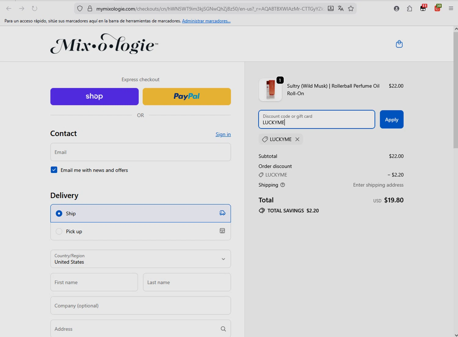 MIXOLOGIE coupon code screenshot showing code LUCKYME applied at MIXOLOGIE checkout page. Uploaded by SimplyCodes community member CleverFox1674 on Nov 20, 2025