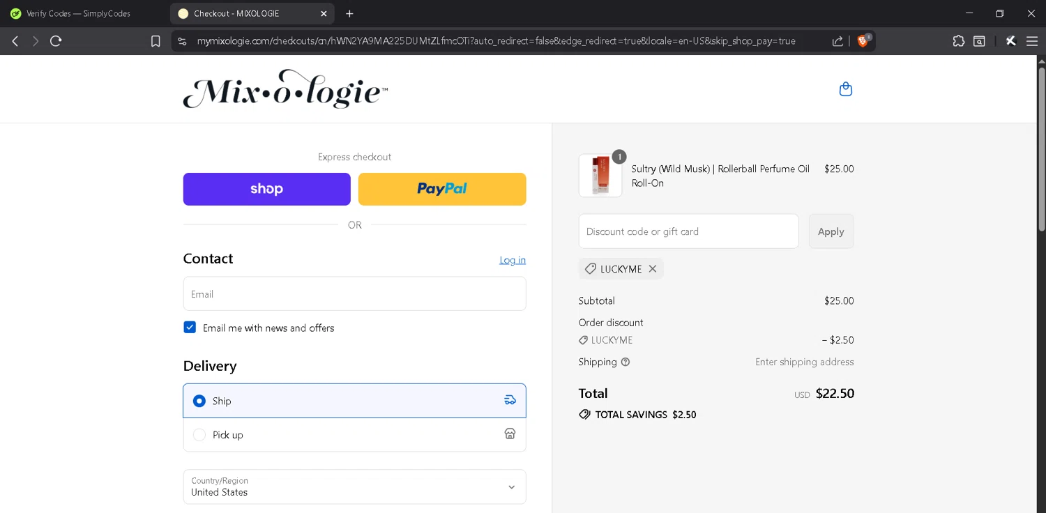 MIXOLOGIE coupon code screenshot showing code LUCKYME applied at MIXOLOGIE checkout page. Uploaded by SimplyCodes community member MadaraUchiha07 on Sep 3, 2025