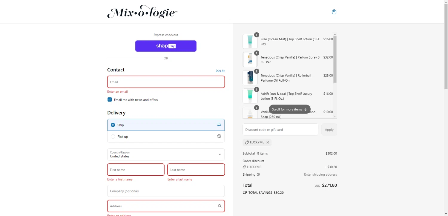 MIXOLOGIE coupon code screenshot showing code LUCKYME applied at MIXOLOGIE checkout page. Uploaded by SimplyCodes community member PennyRanger8219 on Jul 22, 2025