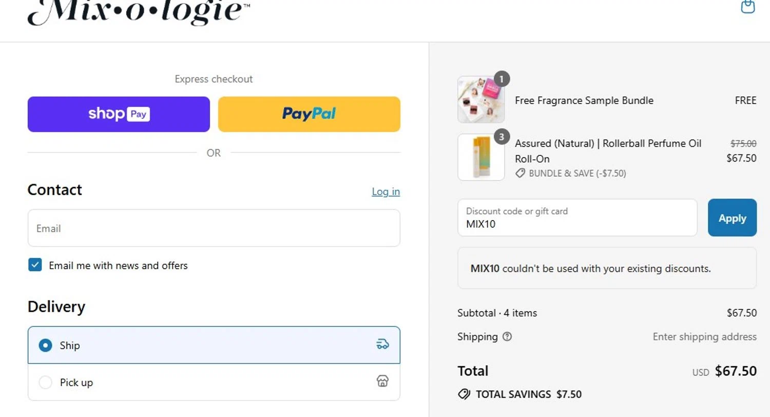 MIXOLOGIE coupon code screenshot showing code MIX10 applied at MIXOLOGIE checkout page. Uploaded by SimplyCodes community member Olorinnnnn on Jul 27, 2025