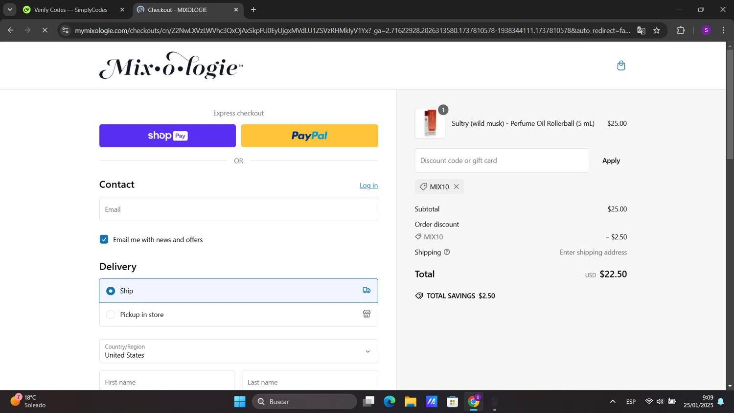 MIXOLOGIE coupon code screenshot showing code MIX10 applied at MIXOLOGIE checkout page. Uploaded by SimplyCodes community member sorialbam on Jan 25, 2025
