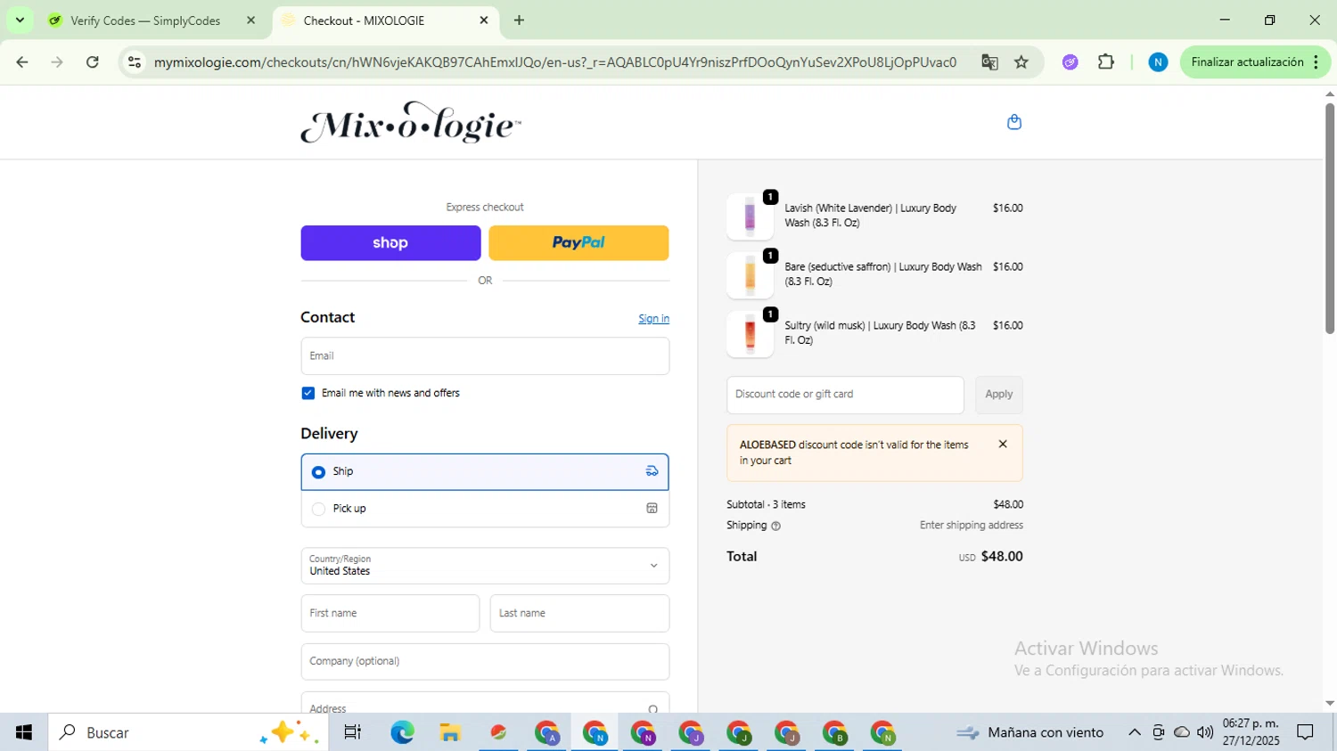 MIXOLOGIE coupon code screenshot showing code ALOEBASED applied at MIXOLOGIE checkout page. Uploaded by SimplyCodes community member CoinHawk678 on Dec 27, 2025