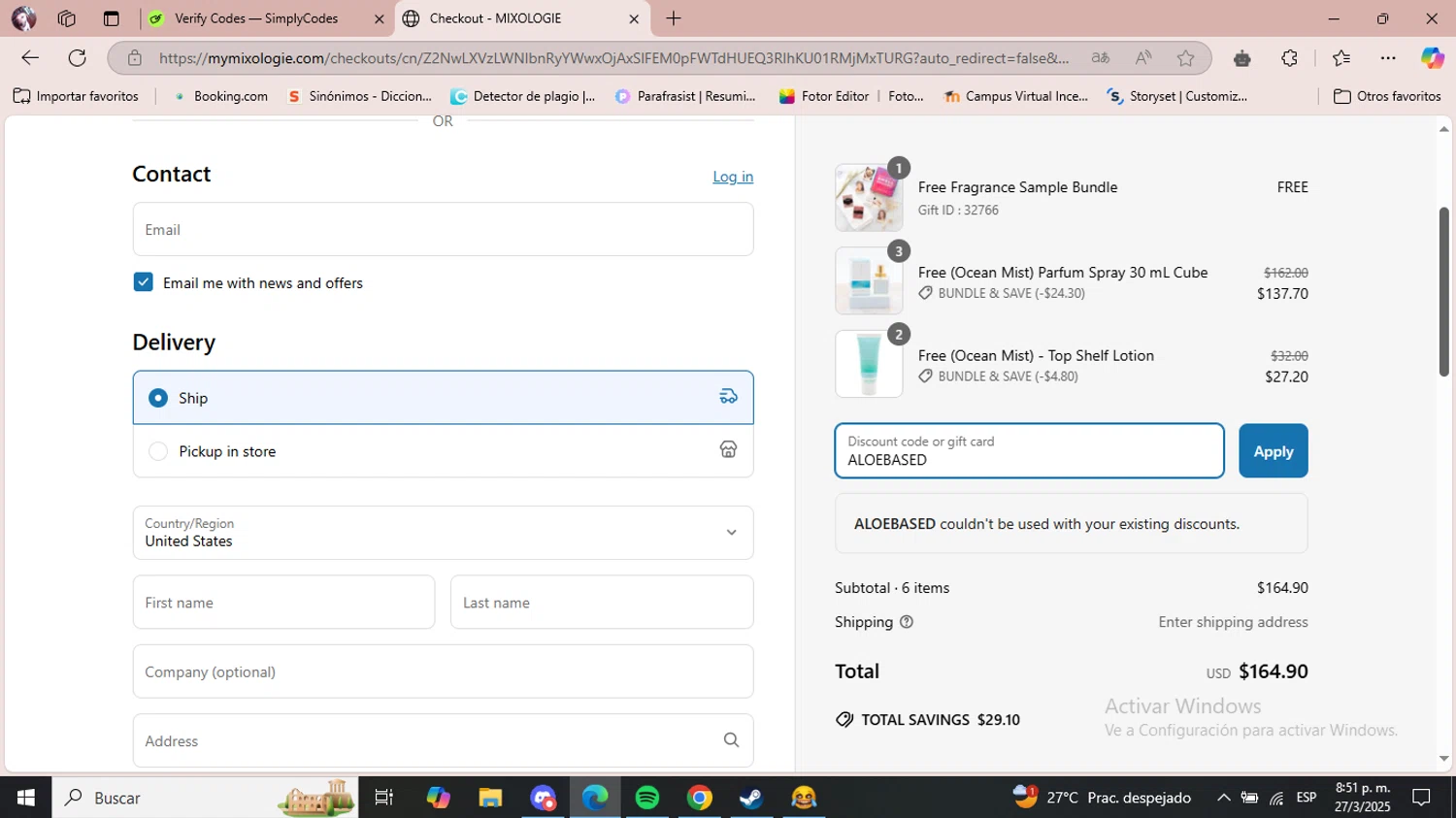 MIXOLOGIE coupon code screenshot showing code ALOEBASED applied at MIXOLOGIE checkout page. Uploaded by SimplyCodes community member GoldHunter7700 on Mar 28, 2025
