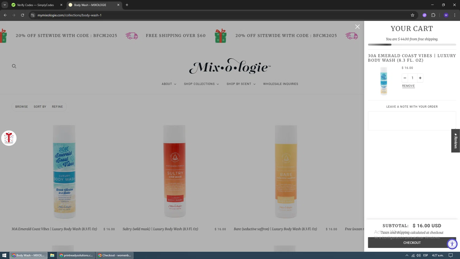 MIXOLOGIE coupon code screenshot showing code ALOEBASED applied at MIXOLOGIE checkout page. Uploaded by SimplyCodes community member dominictorettoooo on Nov 29, 2025