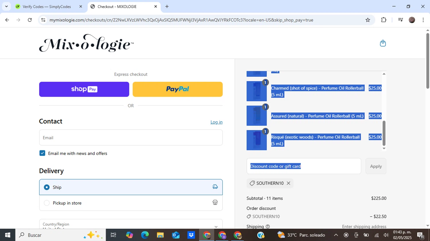 MIXOLOGIE coupon code screenshot showing code Southern10 applied at MIXOLOGIE checkout page. Uploaded by SimplyCodes community member BonusEagle6359 on May 2, 2025