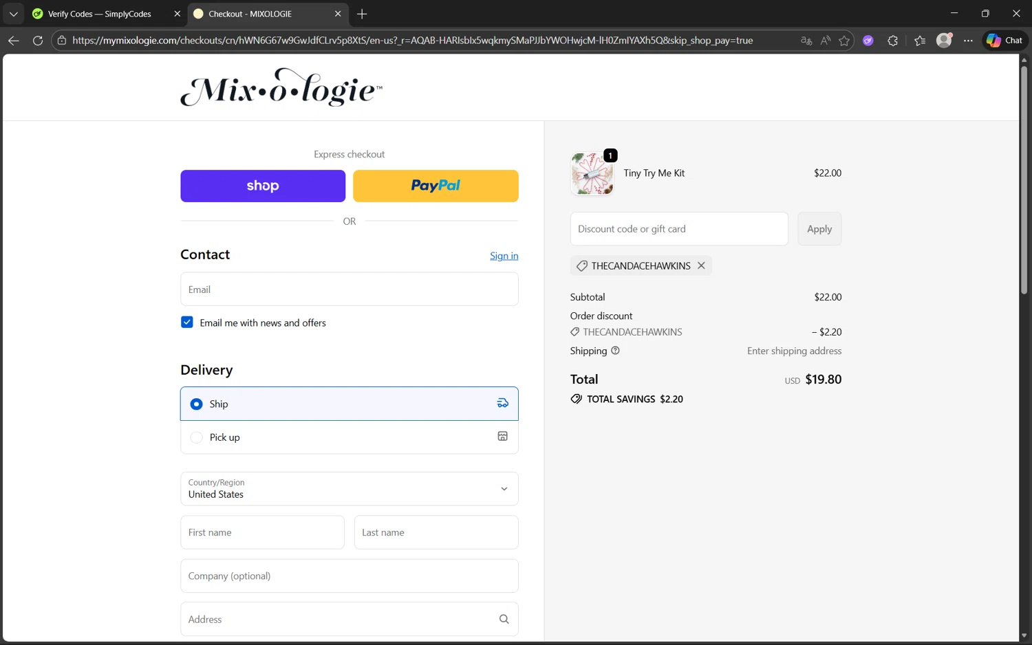 MIXOLOGIE coupon code screenshot showing code thecandacehawkins applied at MIXOLOGIE checkout page. Uploaded by SimplyCodes community member Yuyu12 on Dec 10, 2025