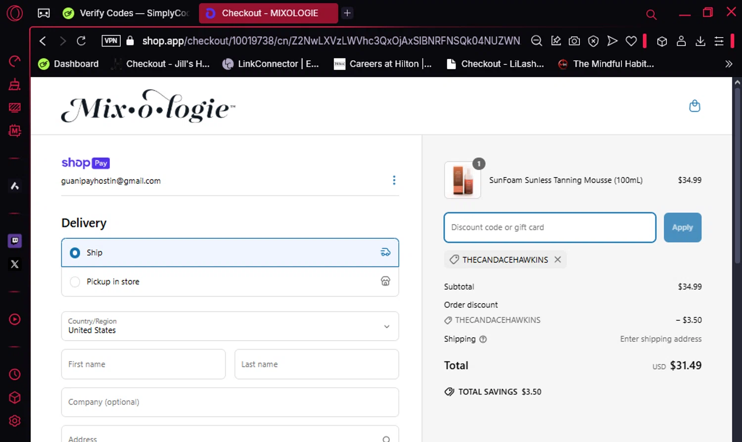 MIXOLOGIE coupon code screenshot showing code thecandacehawkins applied at MIXOLOGIE checkout page. Uploaded by SimplyCodes community member lyffytaro on Mar 18, 2025